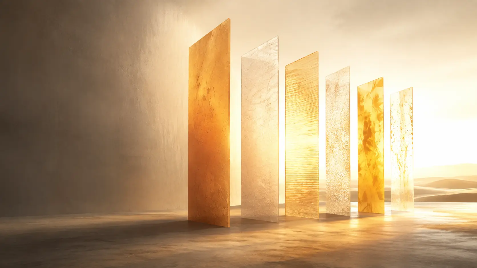 Six illuminated forms opening toward one shared horizon